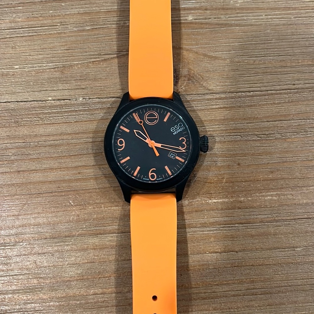 Mens ESQ by Movado watch on orange silicone band